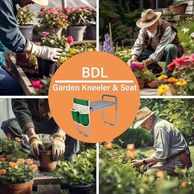 BDL Garden Kneeler Seat Foldable Durable Garden Stool with Tool Bag Pouch and Garden Gloves 330lb Capacity-Protects Your Knees, Clothes from Dirt & Grass Stains