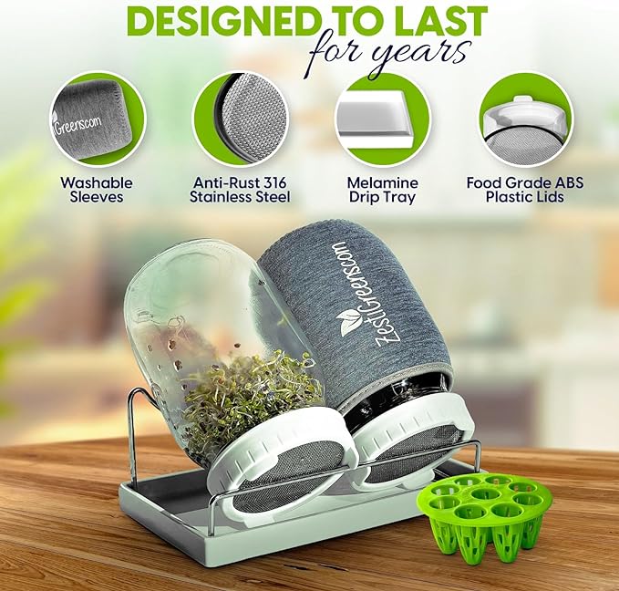 Premium Sprouts Growing Kit & Green Onion Regrower with 2 Mason Jars & Superior Sprout lids. Perfect Sprouter Set for Growing Broccoli, Alfalfa & Beans.
