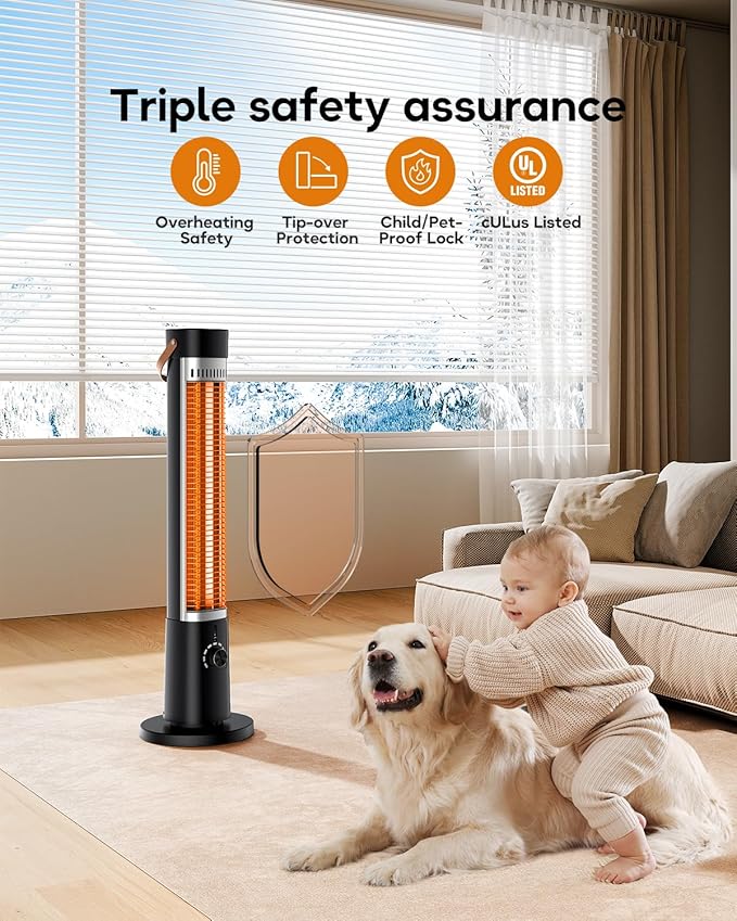 Patio Heater for Outdoor Use, 32" Electric Space Heater Indoor, Portable Infrared Heater with 60-Degree Oscillation, Timer, Remote, for Patio, Gazebo, Black