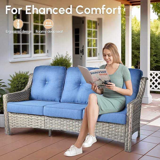 4 Pieces Patio Outdoor Furniture Set,All Weather Wicker Rattan Patio Seating Sofa and Chair Set w/ 3-Seater Sofa and Glowing Coffee Table,Outdoor Conversation Sets for Deck Yard Garden,Blue