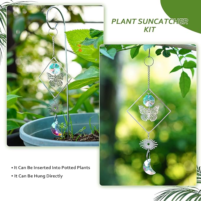 HDCRYSTALGIFTS 4 Pack Crystal Sun Catchers with Small Trellis for Potted Plants Indoor Plant Stake Suncatcher Decoration for Home Window Garden, Sliver