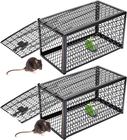 Qualirey 2 Pcs Humane Rat Trap Chipmunk Rodent Mouse Squirrel Trap 11 x 6 x 6 Inches Live Animal Mouse Voles Hamsters Live Cage Rat Cage for Mice Easy to Catch and Release, Black