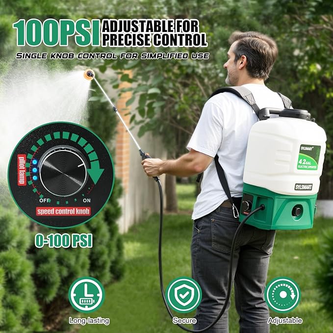 Battery Powered Backpack Sprayer 4 Gallon– No Leak ＆ Padded Straps Electric Weed Sprayers in Lawn and Garden, 100PSI Power Sprayer with 41'' Telescopic Wand and 5 Nozzles, Translucent White