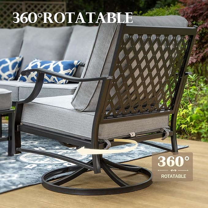 HERA'S HOUSE 6 Piece Patio Furniture Set, 2 x Swivel Chair, 2 x Fixed Chair, 1 x 3-Seat Sofa with Marbling Coffee Table, All Cushioned Outdoor Conversation Set for Lawn Garden Backyard, Grey