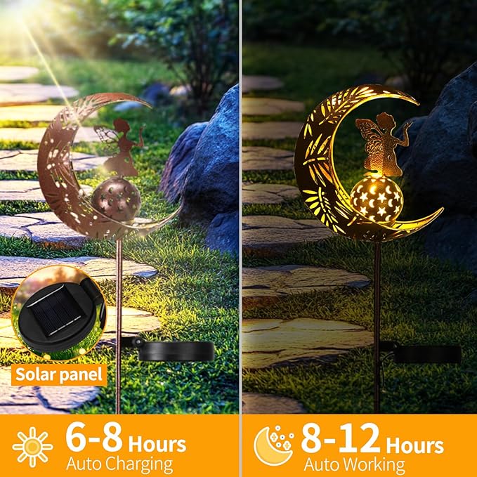 ZKLiLi Garden Solar Lights Pathway Stake Lights Moon Fairy with Angel Decor, Gardening Birthday Gift for Mom Grandma Friends, Outdoor Decor Light Waterproof for Walkway, Yard, Patio(Moon Fairy)