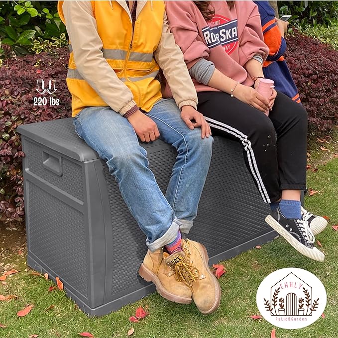 121 Gallon Outdoor Storage Box Large, Lockable Outside Storage Containers Waterproof Patio Cushions Deck Boxes, Rattan Plastic Garden Hose Boxes Resin Pool Storage Bins, Grey