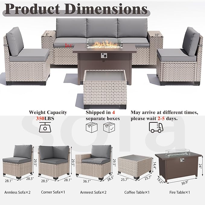 7 Pieces Patio Furniture Set with Propane Fire Pit Table, Outdoor Sectional Wicker Sofa with Cushions and Coffee Table, High Back Rattan Patio Conversation Sets, Grey