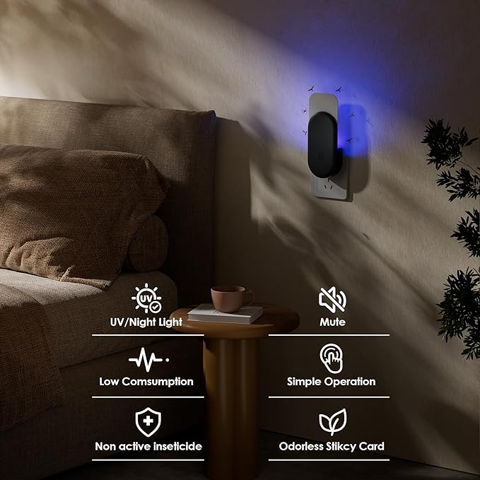 Fly Trap Indoor, 3 in 1 Plug-in Fruit Fly Trap,1 Trap Black and 5 Glue Cards, Fruit Fly Traps for Indoors, Flying Insect Trap for Gnat, Moth, Mosquito, Suitable for Every Part of The Home