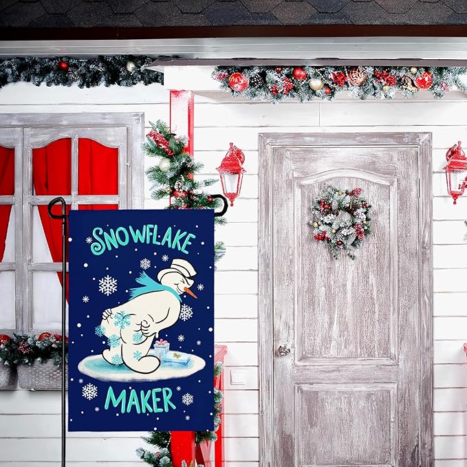 Winter Snowman Garden Flag Snowflake Maker Yard Flags Double Sided Christma Vertical Wall Banners Xmas Gift House Banner for Holiday Farmhouse Outdoor Decoration 12x18 Inch