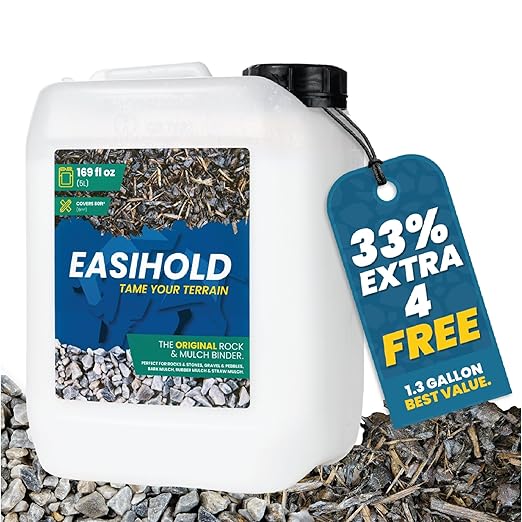 Easihold Gravel Binder 1.3 Gallon – Max Rock Glue for Pea Gravel & Stones. Long-Lasting Mulch Glue for Landscaping – Non-Toxic, Ready-to-Use Gravel Lockdown for Paths, Patios & Garden Borders