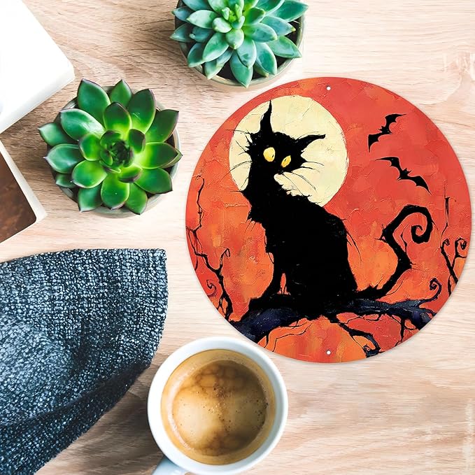 PEACHGARDEN Vintage Halloween Black Cat Round Tin Sign Gothic Decor Wall Art Metal Plaque 12x12inch