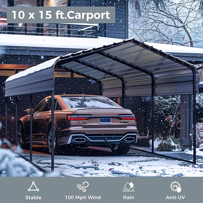 GREEN PARTY 10 x 15 ft Metal Carport Kits with Galvanized Steel Roof, Heavy Duty Metal Carport Canopy, Outdoor Car Tent Metal Garage Shelter for Car, SUV, Truck and Boats, Grey