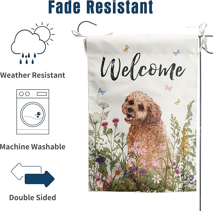 Spring Summer Garden Flag Floral Golden Doodle Puppy Yard Flag Flower Dog Garden Flags for Outside Small Outdoor Welcome Flags 12x18 Double Sided