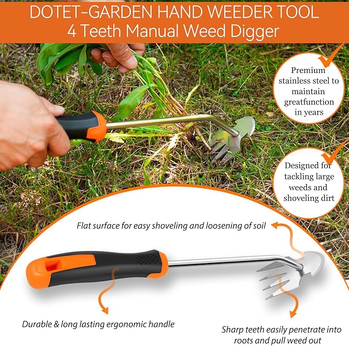 Weed Puller Tool Garden Weed Pulling Tool, 2025 New Durable Garden Weed Pulling Tool, Portable Garden Weeder Tool for Vegetable Gardening, 4 Teeth Manganese Steel Forged Hand Weeder(Orange)