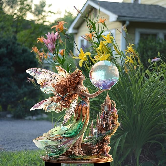 Fairy Garden Stake Decor, 2D Flat Acrylic Fairy Garden Decor Panel, Elf Yard Sign for Outdoor Indoor Yard Lawn Plants Pots, Fairy Garden Accessories (Fairy with Crystal Ball)