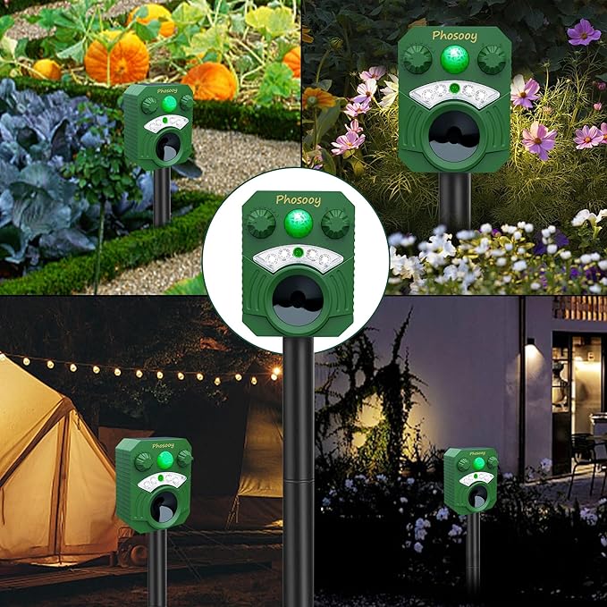 2 Packs Solar Ultrasonic Animal Repeller, Waterproof Mode-Adjustable Animal Deterrent Device with Flashing Strobe Lights to Repel Cats, Dogs, Squirrel, Rats, Skunks, Raccoons and Deer