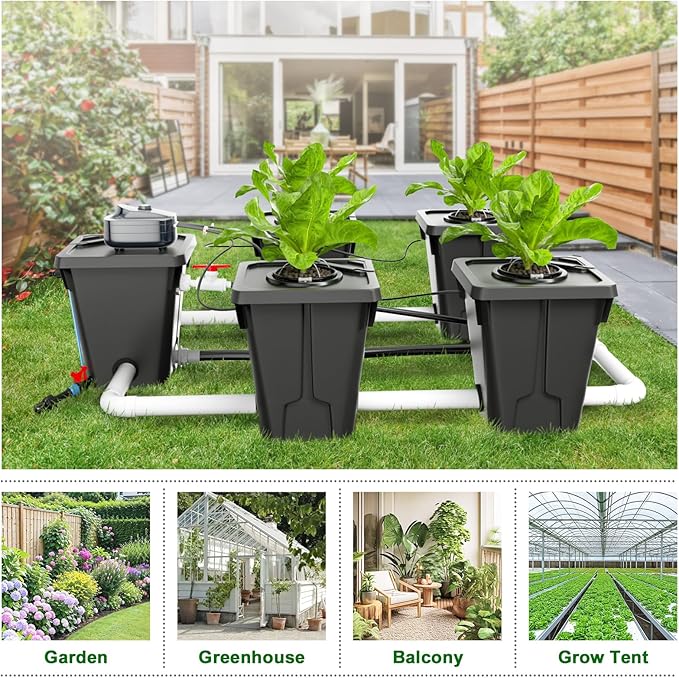 RDWC Hydroponics Grow System 4 Site + Reservoir, 7-Gallon Top Drip Recirculating Deep Water Culture Hydroponic Bucket System, Hydroponics Growing System Kit with Water Pump, Air Pump
