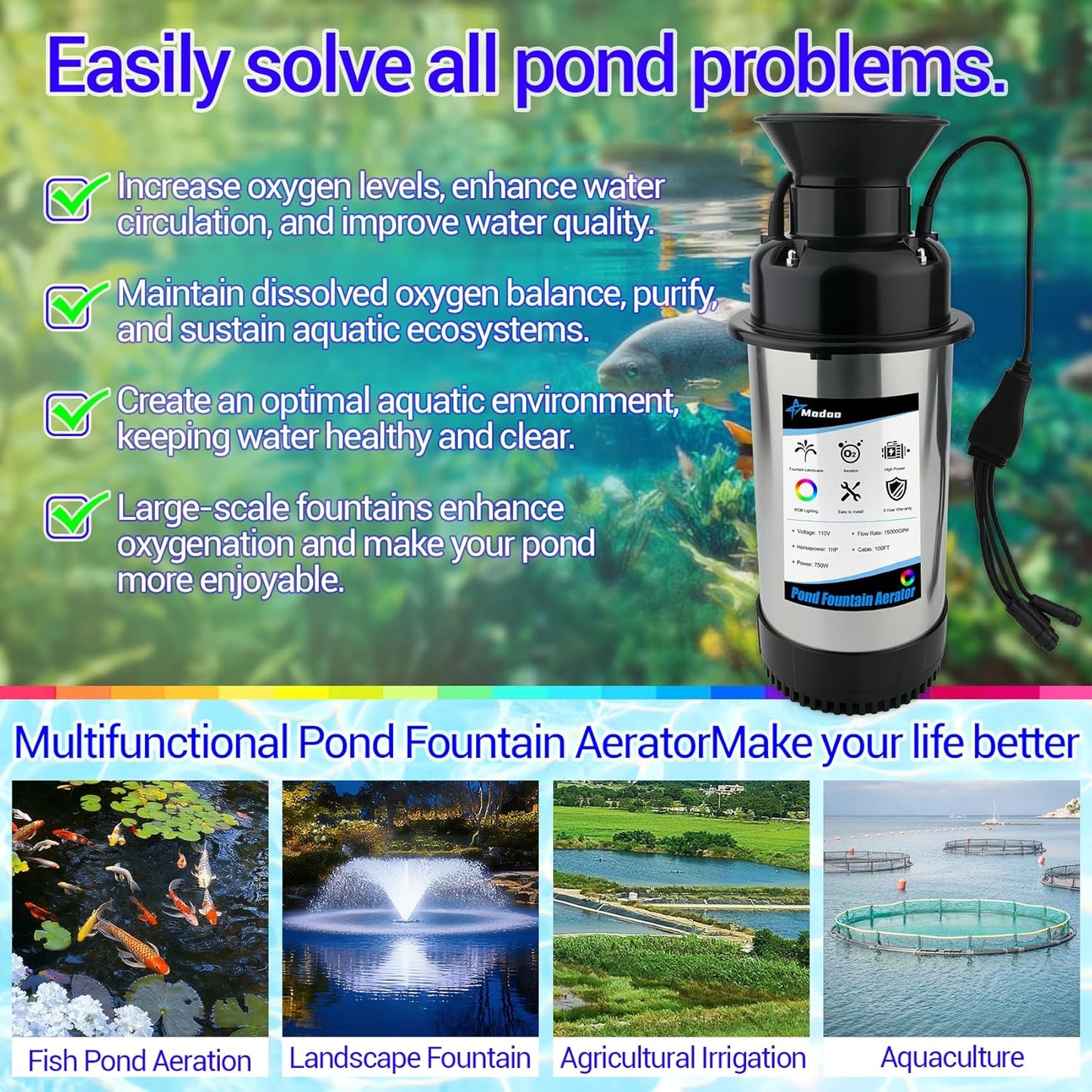 Pond Fountain Aerator with Light RGB LED, 1HP 750W Floating Fountain System for Outdoor Pond Lake, 110V 15000 GPH Fully Automatic Stainless Steel Fountain Pump with 4 LED Lights 100 Feet Power Cord