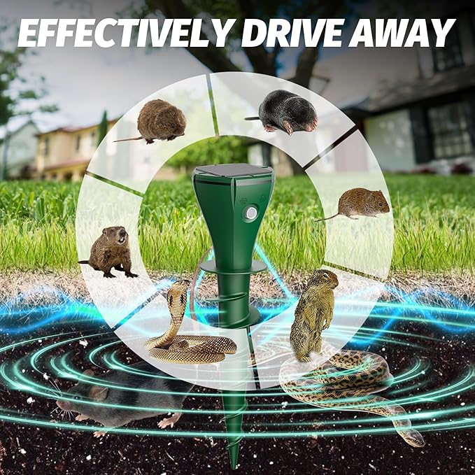 Mole Repeller for Lawns，Solar Powered Vole Repellent Ultrasonic Pest Control Stake, Waterproof Sonic Pulse Deterrent for Gopher Vole Snake in Lawn, Garden & Yard