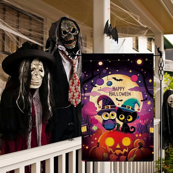 Cute Witch Owl & Black Cat Garden Flag Happy Halloween Flag Full Moonlight Ghost Pumpkin Bats Vertical Double Sided Rustic Farmland Burlap Yard Lawn Outdoor Decor 12.5x18"