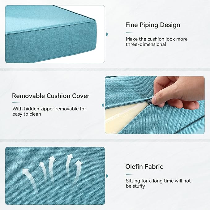 Luxury 6" Outdoor Cushions for Patio Furniture, 24x24x6 Thick Seat Cushion Set of 4, Fade Resistant Couch Chair Replacement Cushions High Density Deep Wicker Chair Cushion w/Removable Cover, Teal