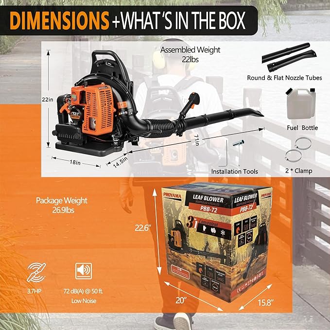 PROYAMA 72CC Gas Backpack Leaf Blower, 2-Cycle 880CFM 275MPH Gas Powered Engine, 2 in 1 Nozzle Low Vibration and Ergonomic Design with Cruise Control for Outdoor GardenYard Cleaning and Snow Removal