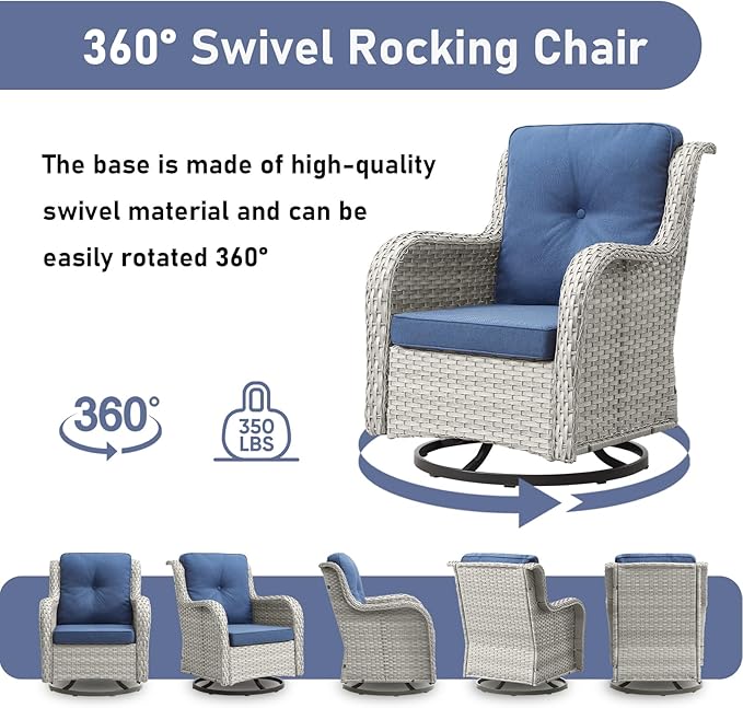 Wicker Outdoor Conversation Set-6 Pieces Outdoor Wicker High Back Couch with Swivel Rocker Chairs Patio Furniture for Deck Poolside Backyard-Light Grey/Blue