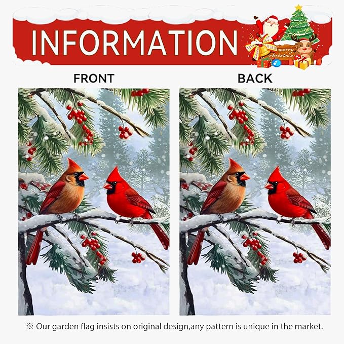 Winter Cardinal Bird Garden Flag Red Bird Pine Twigs Yard Flag Double Sided Polyester Holly Berry Snow Seasonal Garden Flags for Outdoor Farmhouse Christams Holiday Decor 12x18 Inch