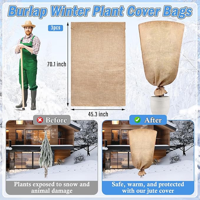 Legigo 3 Pack 45 X 70 Inch Burlap Plant Covers Freeze Protection Bags, Large Winter Plant Frost Covers with Drawstring, Reusable Tree Covers Burlap Frost Cloths Protection for Outdoor Plants Shrubs