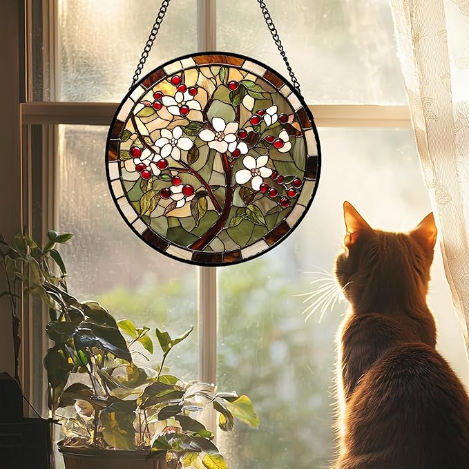CRIS GIF Stained Glass Window Hanging - Hawthorn Tree Birth Flowers Suncatcher for Doors Garden Patio Sun Catchers Decor Christmas Mother's Day Birthday Gifts for Women Men Mom Nana Friend 7.8 in