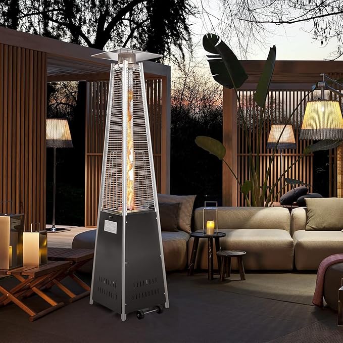 Pyramid Patio Heater with Wheels, Quartz Glass Tube Outdoor Heaters for Patio with Triple Protection System, CE & ETL Certified, 89 Inch LP Propane Tower Heater T for Commercial Residential, Black