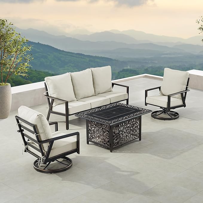 Oakland Living Black Aluminum Patio Fire Table Set with Deep Seating Sofa with Cushion and Two Club Chairs with Light Grey Cushions