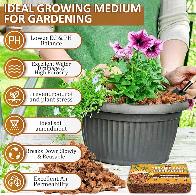 Legigo 10 Pack Coco Husk Chips- 11 LB 100% Organic Coconut Coir Chips Brick Potting Soil Mix with Low EC & PH Balance, Compressed Coconut Substrate Coco Chips Mulch Medium for Garden, Flowers, Plants