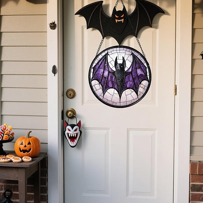 Stained Glass Window Hanging - Halloween Black Bat Purple Wings Monster Suncatcher for Doors Garden Home Spooky Sun Catchers Gothic Decor Horror Gift for Women Men Friend Boy Girl 15 in