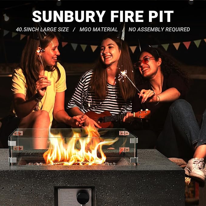 SUNBURY Outdoor Propane Burning Fire Pit, 35 inch Square Patio Fire Table 50,000 BTU Fire Pit for Outside with Waterproof Cover, Light Gray