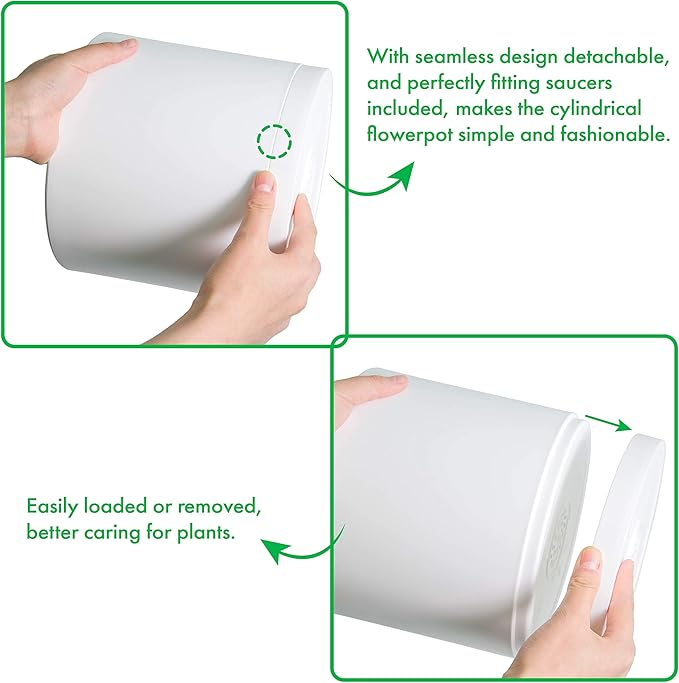 D'vine Dev 8 Inch 10 Inch 12 Inch, Set of 3 Plastic Planter Pots for Plants with Drainage Hole and Seamless Saucers, White Color, X-Large, 74-V-A-5