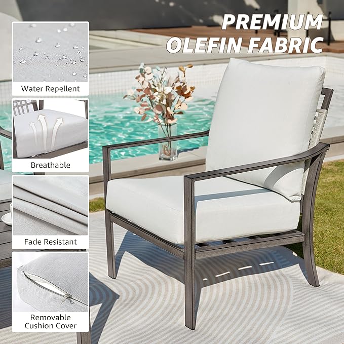 NATURAL EXPRESSIONS Patio Furniture 4 Piece Set,Outdoor Conversation Set Metal Patio Sectional Sofa with High Back Hand-Woven Rope Chairs by Hand Brushed Wood Grain Finish, 6" Cushion for Yard,Garden