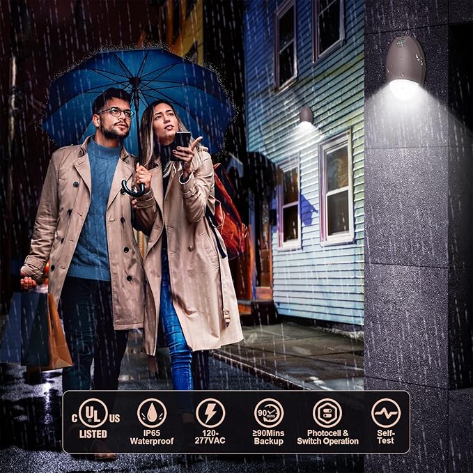 Led Emergency Wall Pack Light With Battery Backup Photocell Sensor, Outdoor Waterproof Self Test Commercial Exterior Aluminum Emergency Light, 120-277V UL 924 Wet Location (4 Pack)