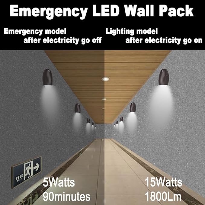 dephen 15W LED Emergency Wall Pack Light with Battery Backup and Photocell, Dusk to Dawn WallPack 3500K/4000K/5000K CCT, 90 Minutes 600Lm Security Lighting Self Test (UL-Listed)