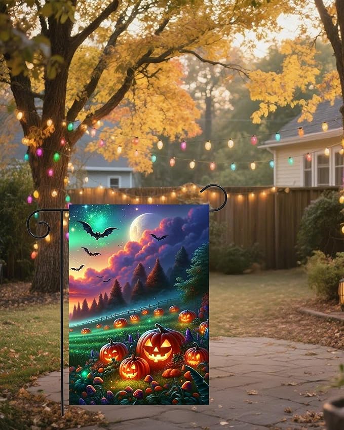 Fantasy Halloween Jack O Lantern Pumpkins Meadow Bats Full Moon Garden Yard Flag 12"x 18" Double Sided Polyester Welcome House Flag Banners for Patio Lawn Outdoor Home Decor