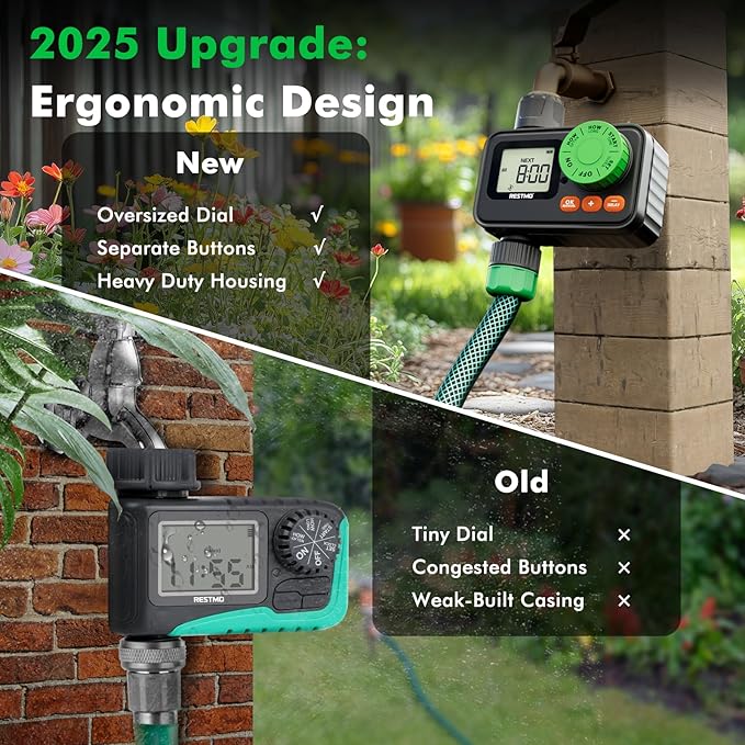 RESTMO Sprinkler Timer, Programmable Water Timer for Garden Hose, Automatic Control | Manual ON/Off | Rain Delay for Outdoor Faucet, Drip Irrigation and Lawn Watering System
