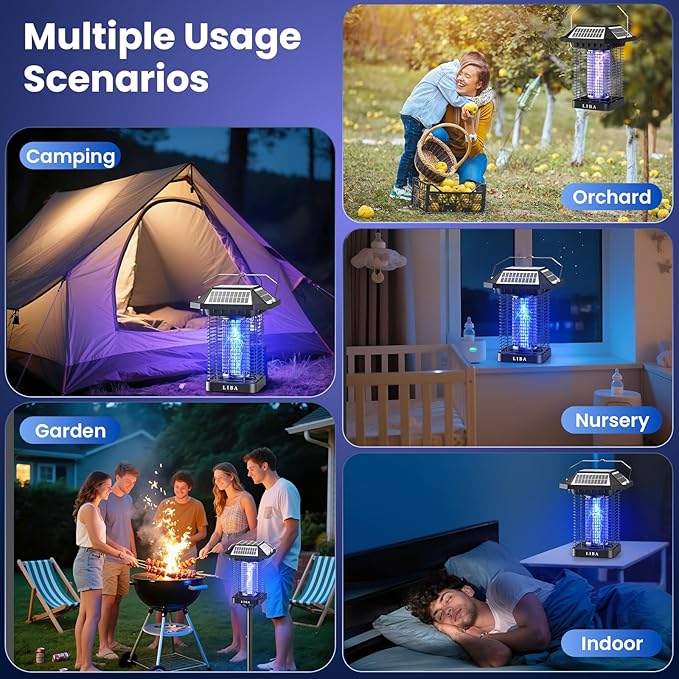 LiBa Solar Bug Zapper Outdoor, 2 in 1 Mosquito Zapper Cordless & Rechargeable, Solar Insect Killer Lamp, 3500V Mosquito Catcher Decor Light for Patio Garden Backyard