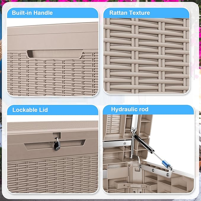 260 Gallon Large Deck Box,Resin Outdoor Storage Box with Lockable for Patio Furniture, Pool Accessories, Garden Tools Waterproof Outside Storage Box, Grey Pattern