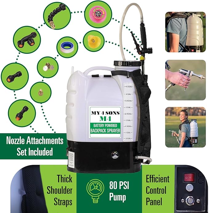 Backpack Sprayer - MY4SONS Silver M4 4-Gallon Cordless Battery Powered with 15ft Hose and Spray Pistol - 80 PSI Pump Liquid Sprayer Backpack - Electric Spray for Lawn, Garden, Ground Cleaning & More