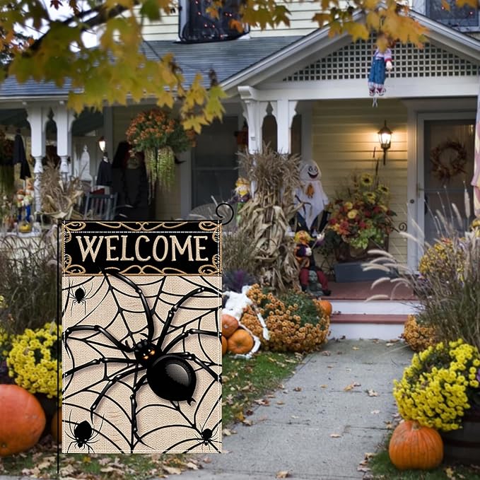 Halloween Garden Flag 12 x 18 Inch Double Sided Spider Web Designs Fall Autumn Burlap Yard Flag for Outside Rustic Yard Outdoor Holiday Home Decoration