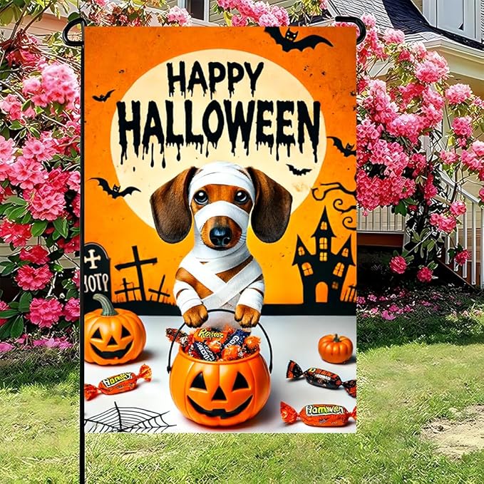 Halloween Garden Flag 11.81 x 17.72 Inch Dachshund Dog in Mummy Costume with Pumpkin Candy Bucket Full Moon and Bats Outdoor Yard Decoration for Holiday Party