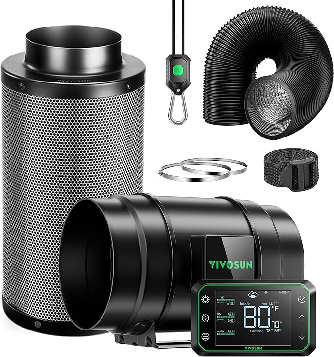 VIVOSUN Smart Air Filtration PRO G8 Kit 8", AeroZesh G8 Inline Duct Fan w/GrowHub E42A Temp. Humidity WiFi-Controller, Carbon Filter & Ducting, Cooling & Ventilation System for Grow Tent, Hydroponics