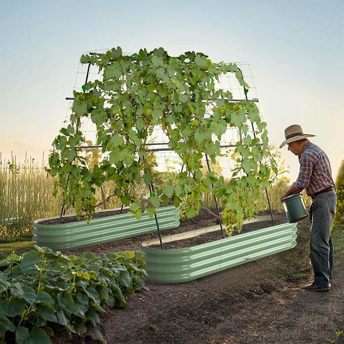 Garden Arch Trellis for Climbing Plants Vegetable Outdoor 67" x 63" A-Frame Cucumber Trellis with Climbing Netting & Plant Clip Tomato/Pea/Zucchini/Squash Trellis for Raised Garden Bed