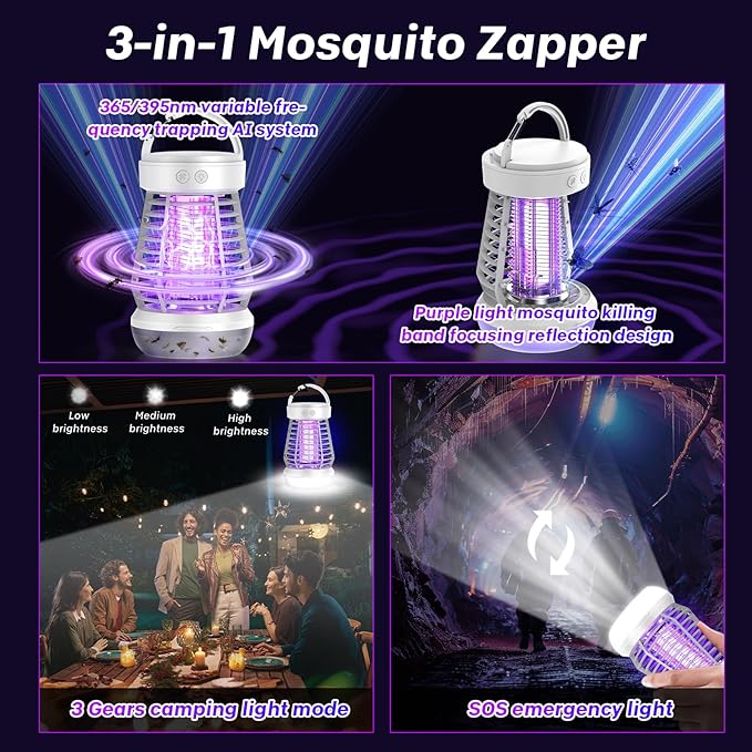 Upgraded Fly Traps,3 in 1 Bug Zapper Outdoor & Indoor, Electric Mosquito Killer Lamp with 2000V Grid & On/Off Switch, Mosquito Traps for Kitchen, Patio, Backyard, and More (White)