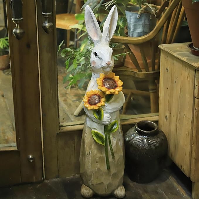 ZOEJADE 35"H Resin Large Rabbit Statue Bunny with Sunflowers Sculpture Outdoor Statues Indoor Decor Animal Ornament for Home Garden Lawn Yard Patio Balcony Gifts Birthday Easter Housewarming Christmas